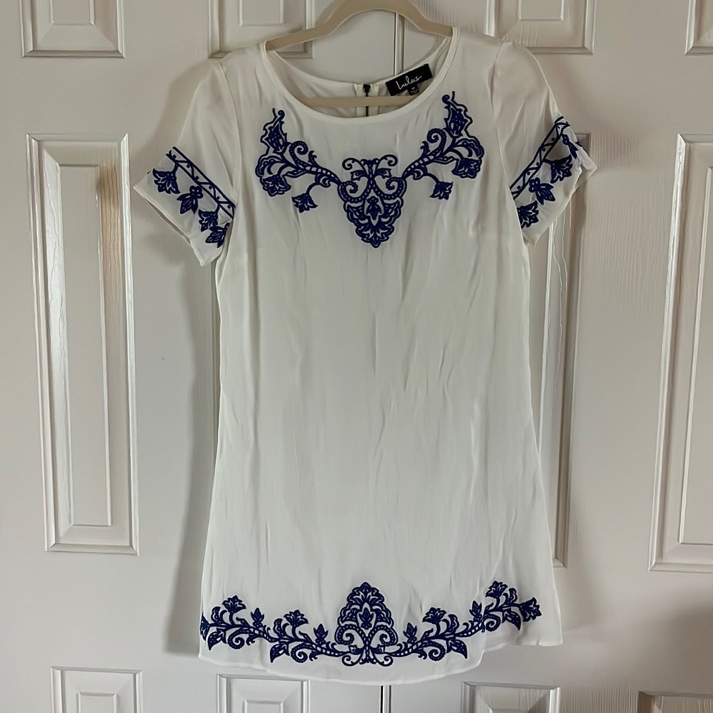 Blue and white embroidered dress